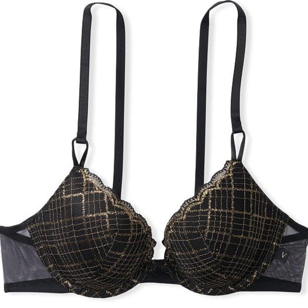 🔥 NWOT VS Black & Gold Plaid Scalloped Underwire Sexy Tee Push-Up Bra - 38D